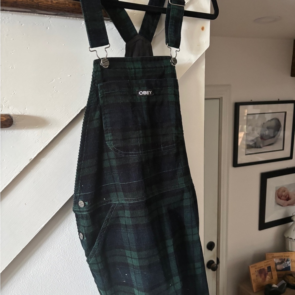 Obey Plaid Green and Black Overalls dress